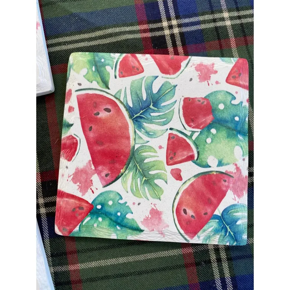 Painted Slate Summer Cork Backed Coasters Set‎ of 3 Watermelon Motif
